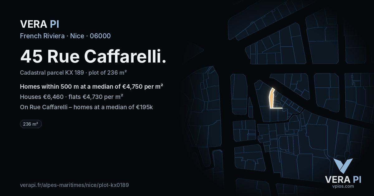 45 Rue Caffarelli, Nice at night – the plot lit, the parcels around coloured by the prices near them