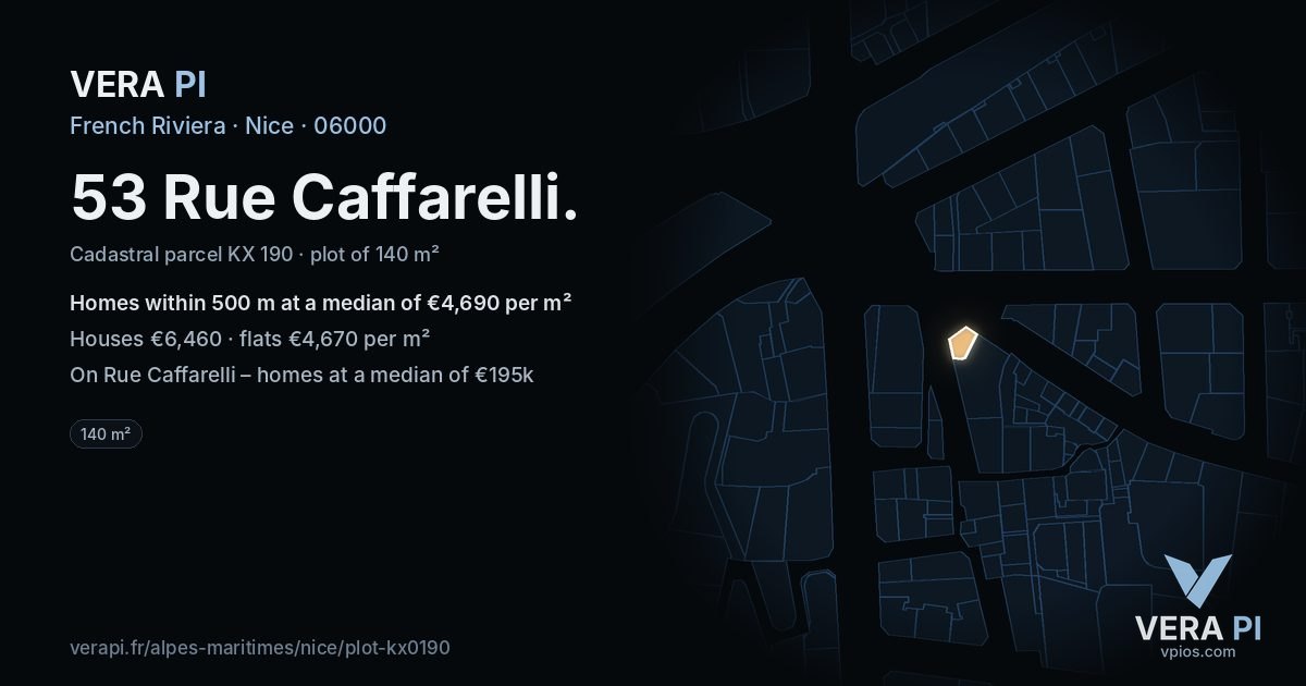 53 Rue Caffarelli, Nice at night – the plot lit, the parcels around coloured by the prices near them