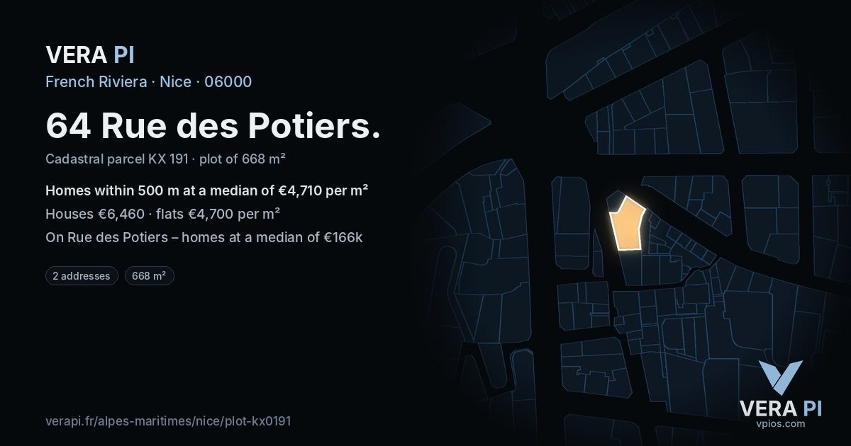 64 Rue des Potiers, Nice at night – the plot lit, the parcels around coloured by the prices near them