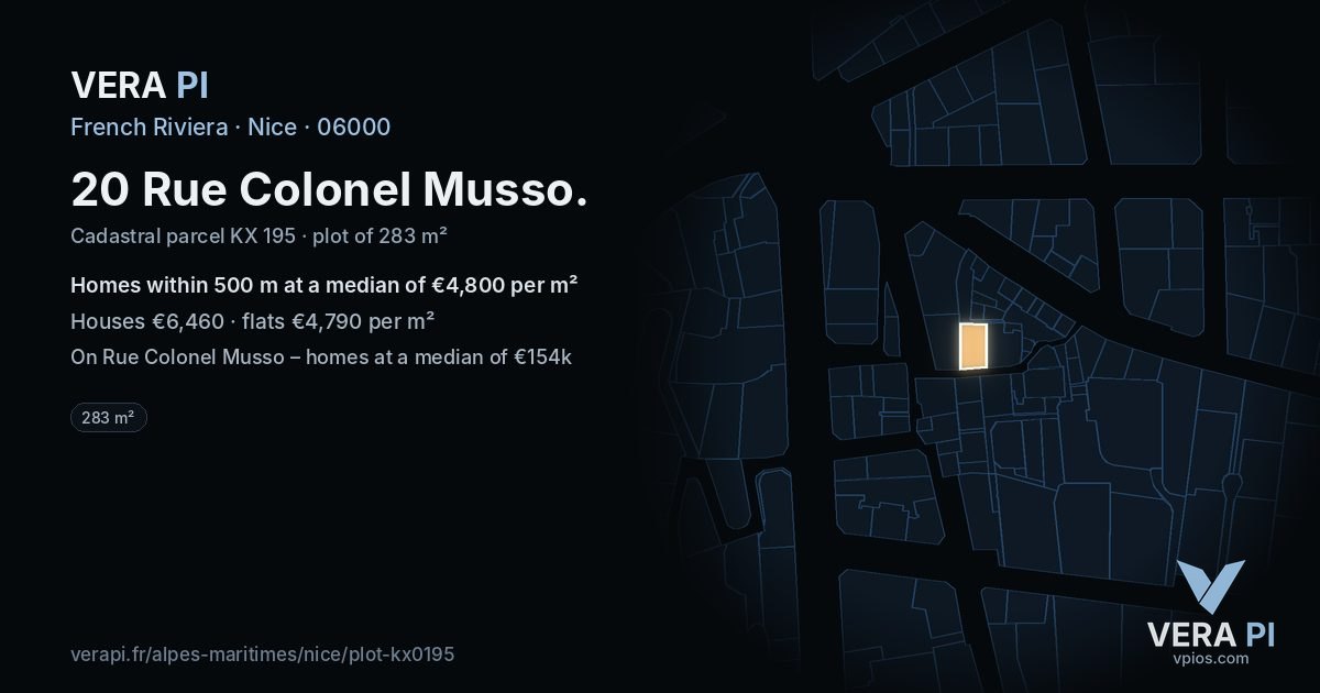 20 Rue Colonel Musso, Nice at night – the plot lit, the parcels around coloured by the prices near them