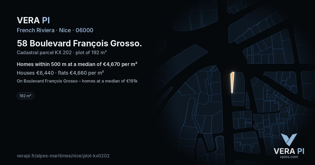 58 Boulevard François Grosso, Nice at night – the plot lit, the parcels around coloured by the prices near them
