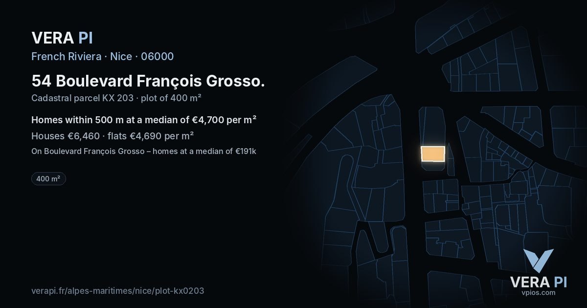54 Boulevard François Grosso, Nice at night – the plot lit, the parcels around coloured by the prices near them