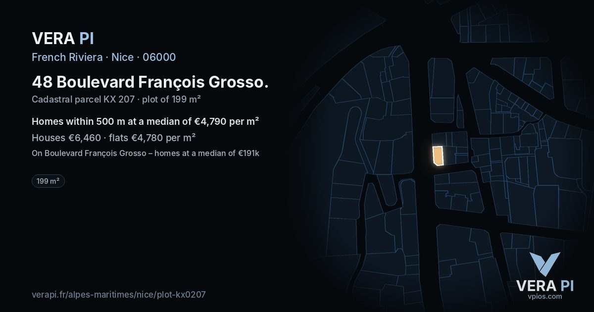 48 Boulevard François Grosso, Nice at night – the plot lit, the parcels around coloured by the prices near them
