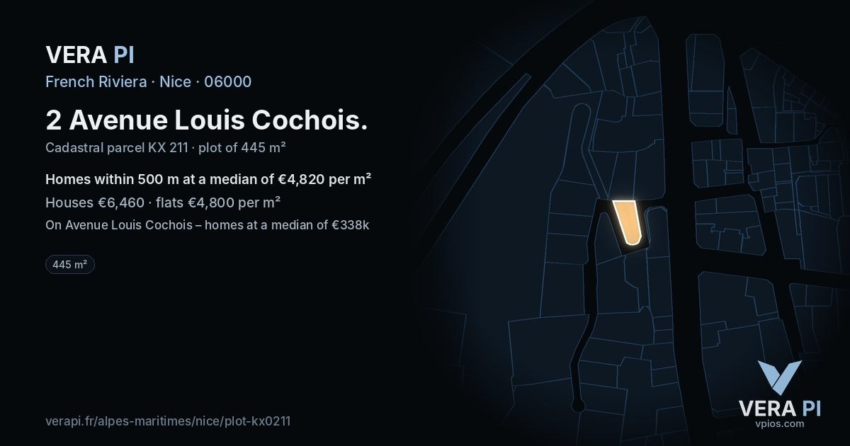 2 Avenue Louis Cochois, Nice at night – the plot lit, the parcels around coloured by the prices near them