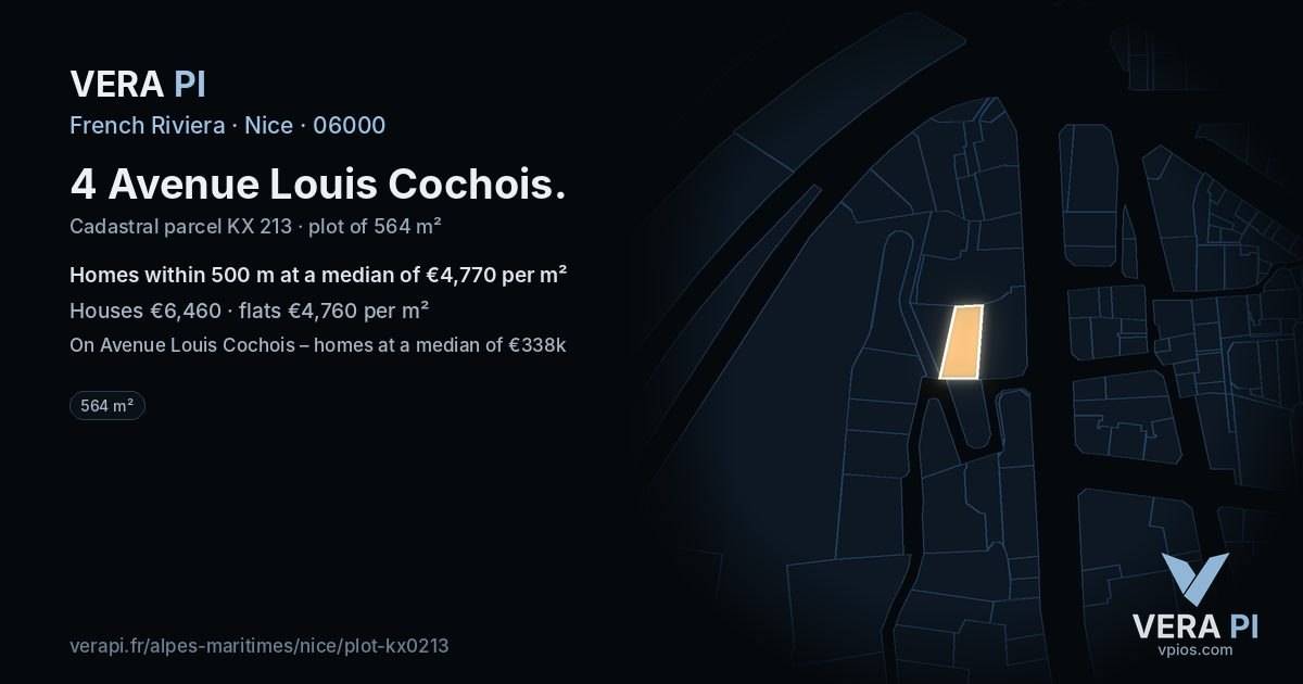 4 Avenue Louis Cochois, Nice at night – the plot lit, the parcels around coloured by the prices near them
