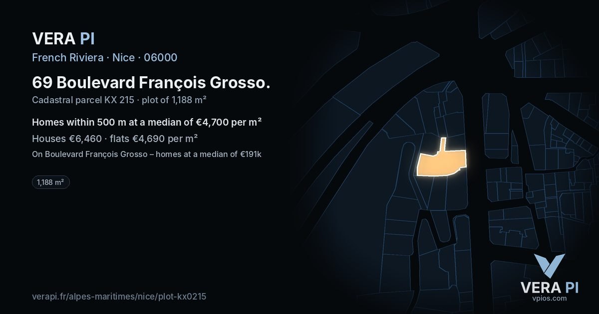 69 Boulevard François Grosso, Nice at night – the plot lit, the parcels around coloured by the prices near them
