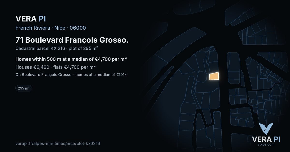71 Boulevard François Grosso, Nice at night – the plot lit, the parcels around coloured by the prices near them