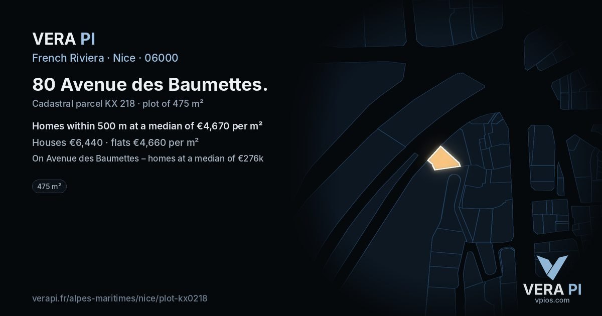 80 Avenue des Baumettes, Nice at night – the plot lit, the parcels around coloured by the prices near them