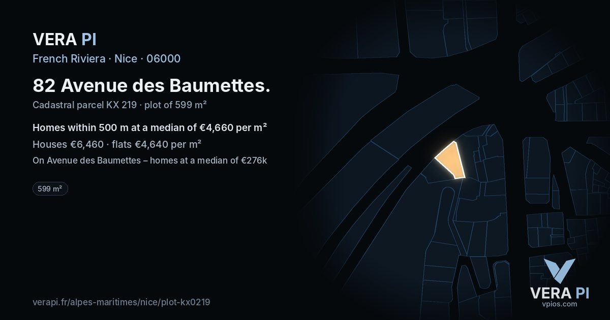 82 Avenue des Baumettes, Nice at night – the plot lit, the parcels around coloured by the prices near them
