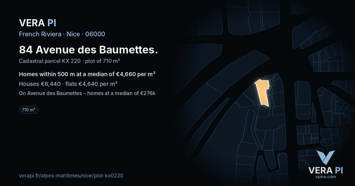 84 Avenue des Baumettes, Nice at night – the plot lit, the parcels around coloured by the prices near them