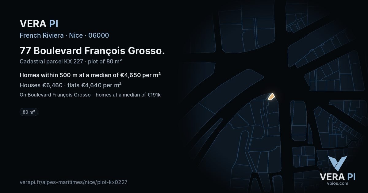 77 Boulevard François Grosso, Nice at night – the plot lit, the parcels around coloured by the prices near them