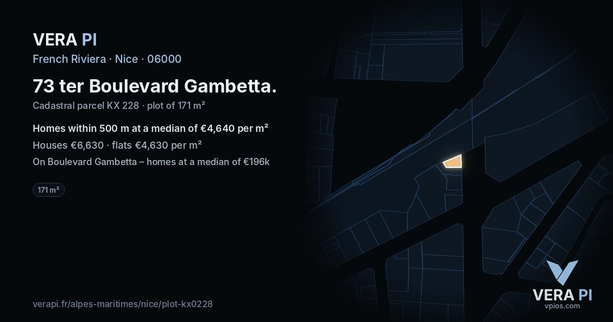 73 ter Boulevard Gambetta, Nice at night – the plot lit, the parcels around coloured by the prices near them
