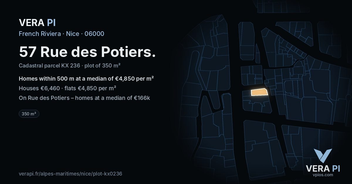 57 Rue des Potiers, Nice at night – the plot lit, the parcels around coloured by the prices near them