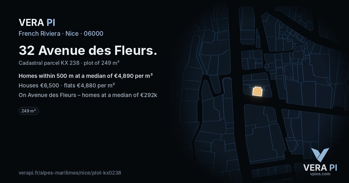 32 Avenue des Fleurs, Nice at night – the plot lit, the parcels around coloured by the prices near them