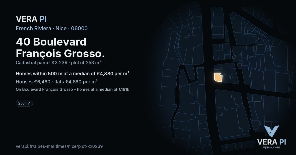 40 Boulevard François Grosso, Nice at night – the plot lit, the parcels around coloured by the prices near them