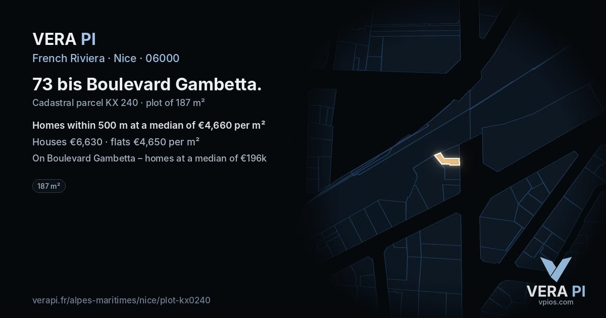 73 bis Boulevard Gambetta, Nice at night – the plot lit, the parcels around coloured by the prices near them