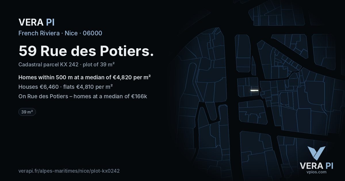 59 Rue des Potiers, Nice at night – the plot lit, the parcels around coloured by the prices near them