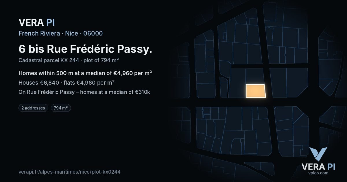 6 bis Rue Frédéric Passy, Nice at night – the plot lit, the parcels around coloured by the prices near them
