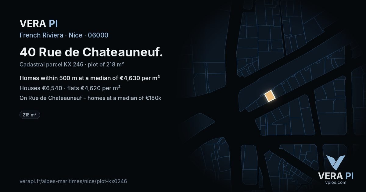 40 Rue de Chateauneuf, Nice at night – the plot lit, the parcels around coloured by the prices near them