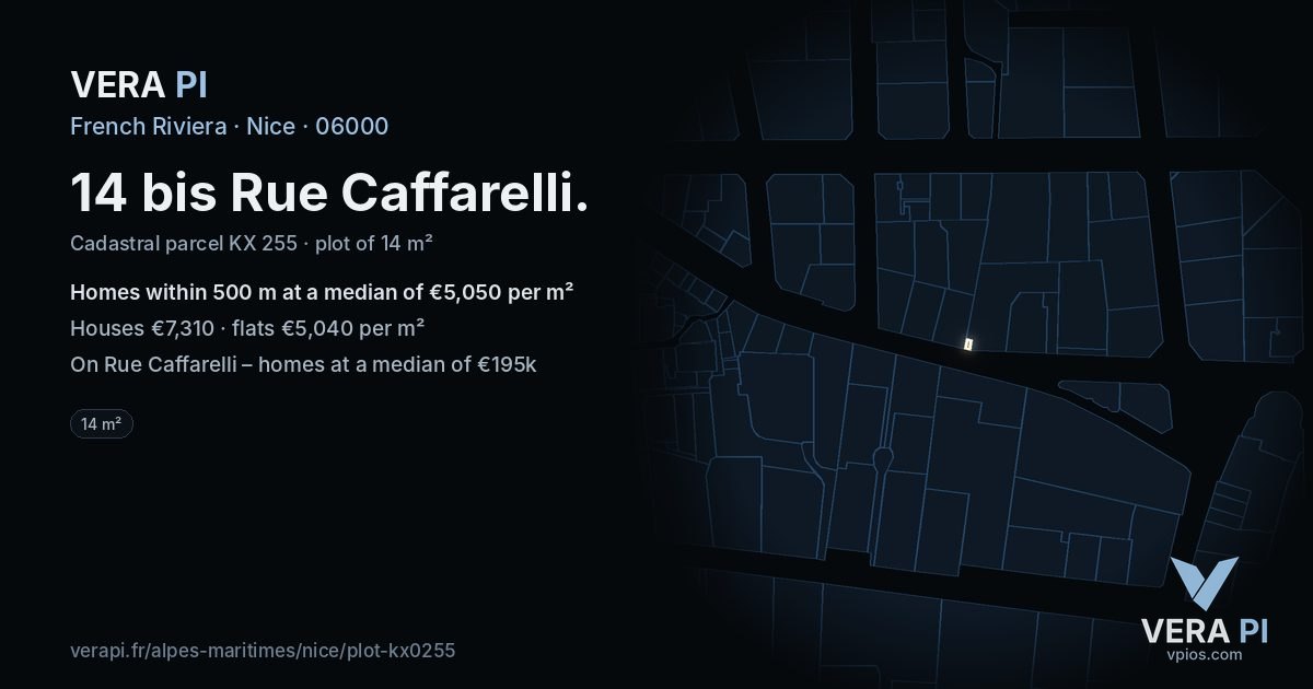 14 bis Rue Caffarelli, Nice at night – the plot lit, the parcels around coloured by the prices near them