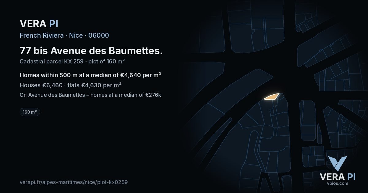 77 bis Avenue des Baumettes, Nice at night – the plot lit, the parcels around coloured by the prices near them