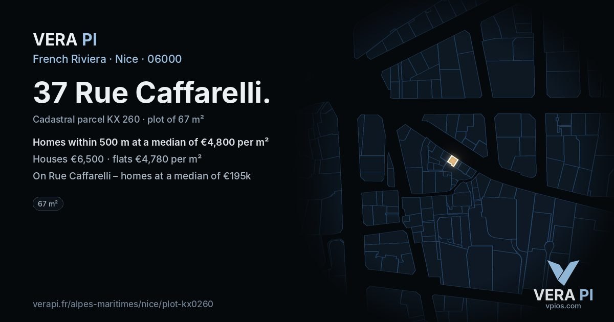 37 Rue Caffarelli, Nice at night – the plot lit, the parcels around coloured by the prices near them