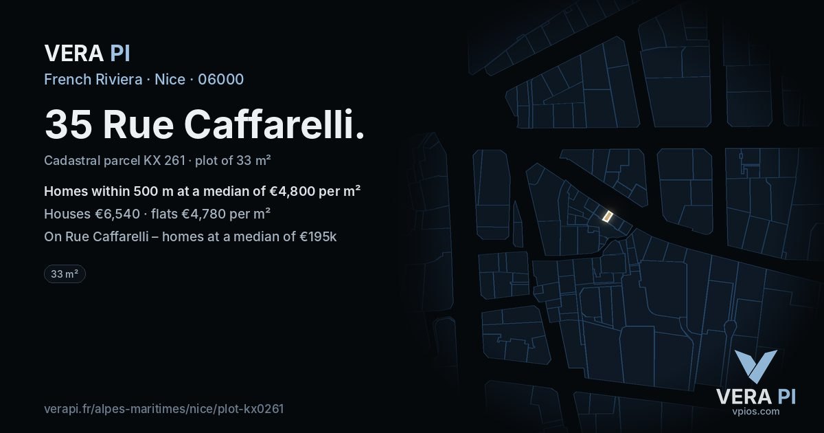 35 Rue Caffarelli, Nice at night – the plot lit, the parcels around coloured by the prices near them