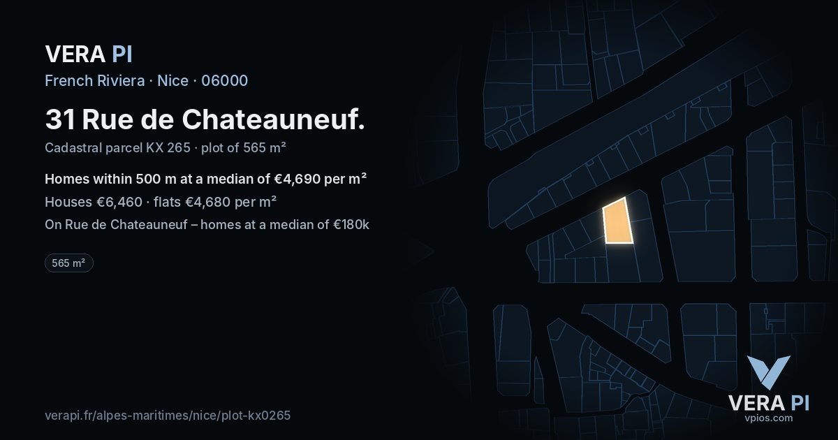 31 Rue de Chateauneuf, Nice at night – the plot lit, the parcels around coloured by the prices near them