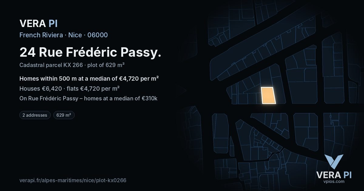 24 Rue Frédéric Passy, Nice at night – the plot lit, the parcels around coloured by the prices near them
