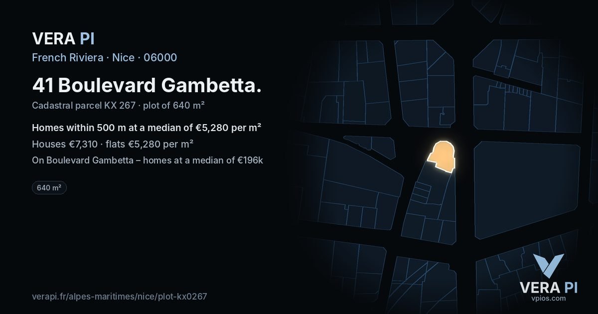 41 Boulevard Gambetta, Nice at night – the plot lit, the parcels around coloured by the prices near them