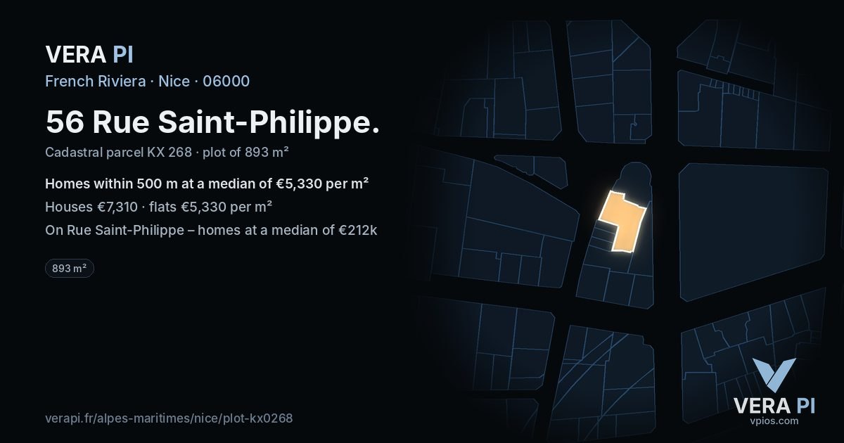 56 Rue Saint-Philippe, Nice at night – the plot lit, the parcels around coloured by the prices near them