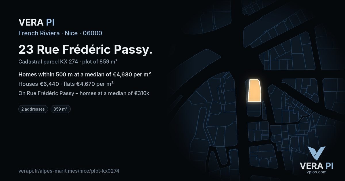 23 Rue Frédéric Passy, Nice at night – the plot lit, the parcels around coloured by the prices near them