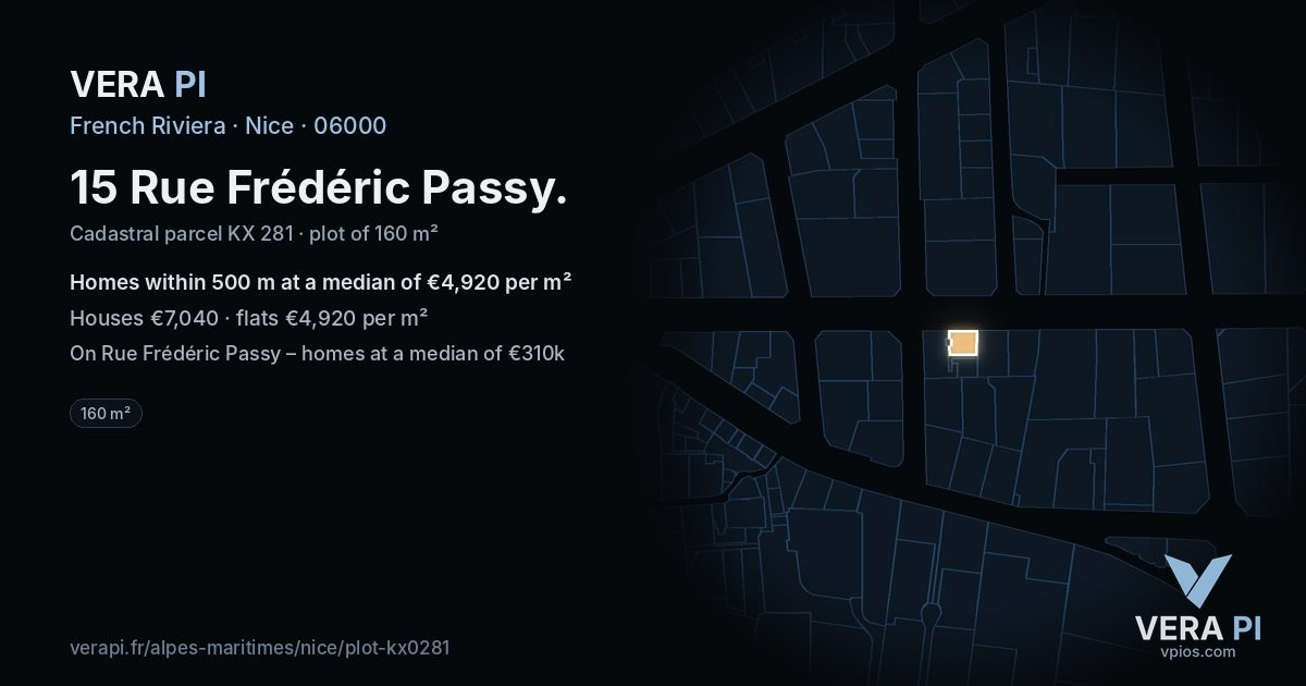 15 Rue Frédéric Passy, Nice at night – the plot lit, the parcels around coloured by the prices near them