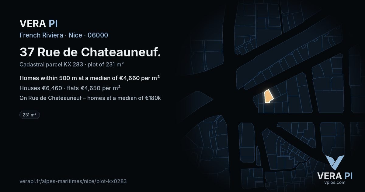 37 Rue de Chateauneuf, Nice at night – the plot lit, the parcels around coloured by the prices near them