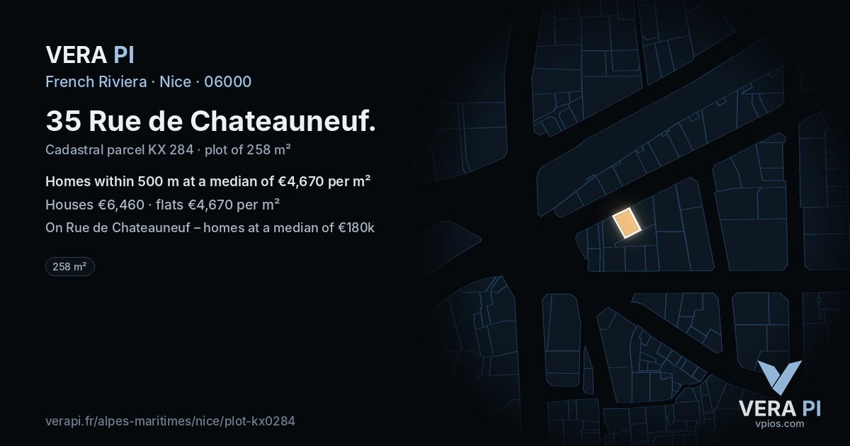 35 Rue de Chateauneuf, Nice at night – the plot lit, the parcels around coloured by the prices near them