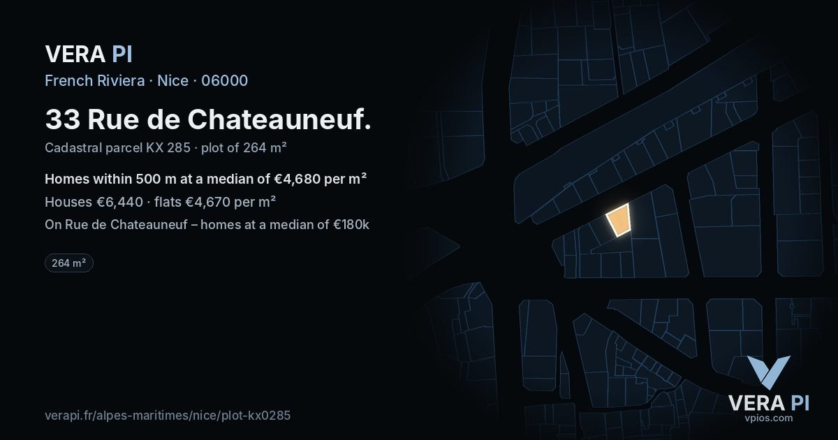 33 Rue de Chateauneuf, Nice at night – the plot lit, the parcels around coloured by the prices near them