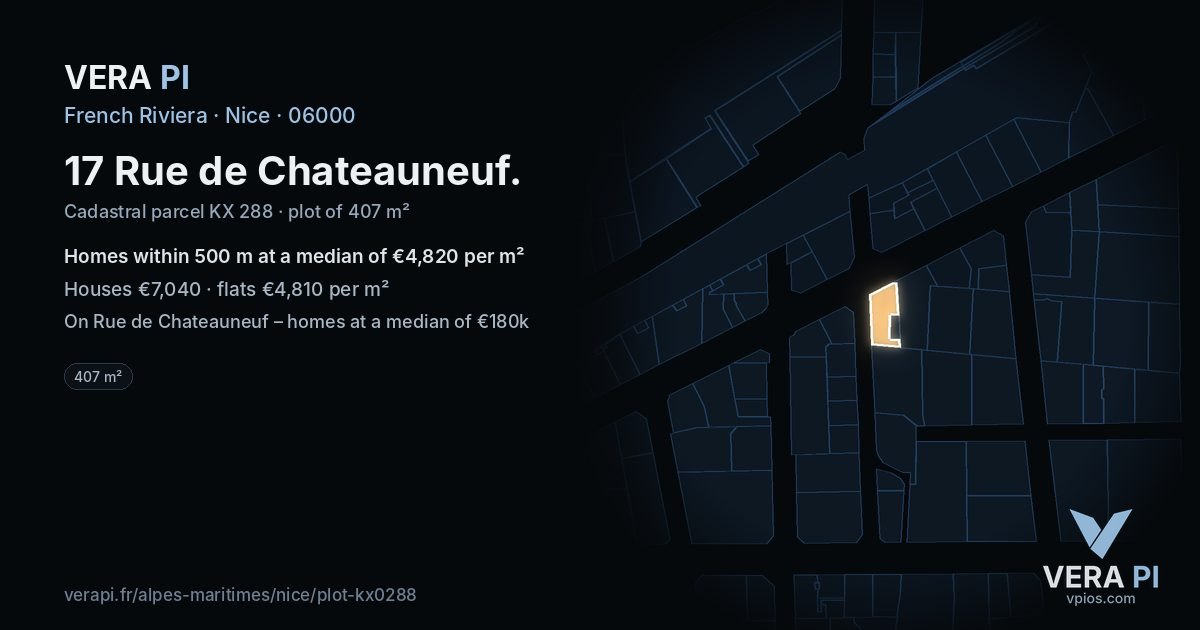 17 Rue de Chateauneuf, Nice at night – the plot lit, the parcels around coloured by the prices near them
