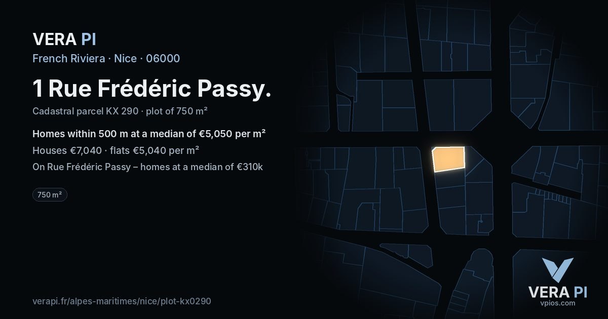 1 Rue Frédéric Passy, Nice at night – the plot lit, the parcels around coloured by the prices near them