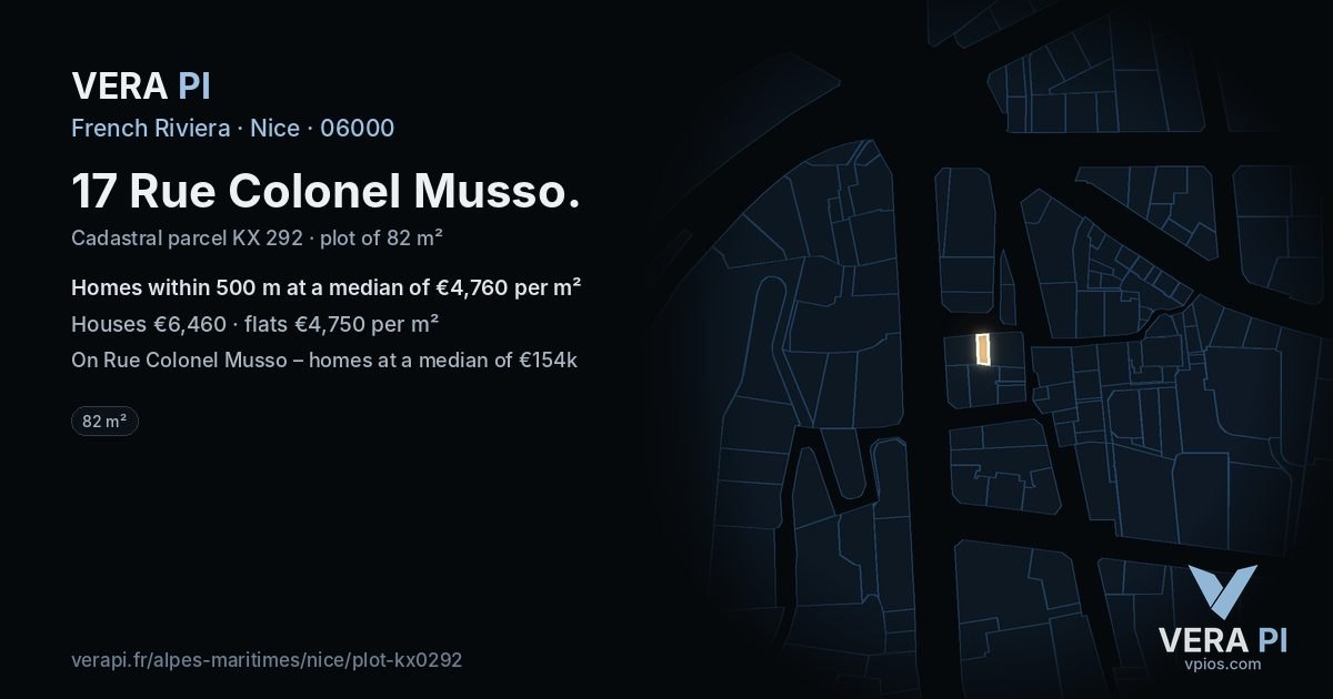 17 Rue Colonel Musso, Nice at night – the plot lit, the parcels around coloured by the prices near them