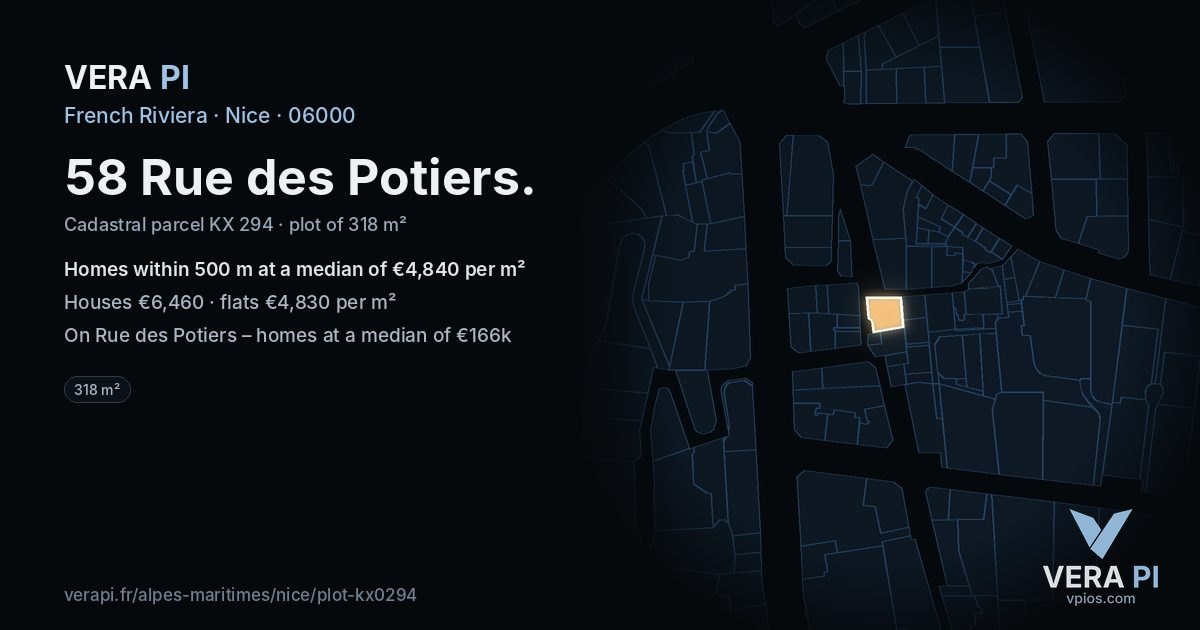 58 Rue des Potiers, Nice at night – the plot lit, the parcels around coloured by the prices near them