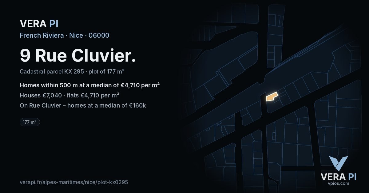 9 Rue Cluvier, Nice at night – the plot lit, the parcels around coloured by the prices near them