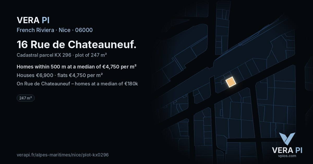 16 Rue de Chateauneuf, Nice at night – the plot lit, the parcels around coloured by the prices near them