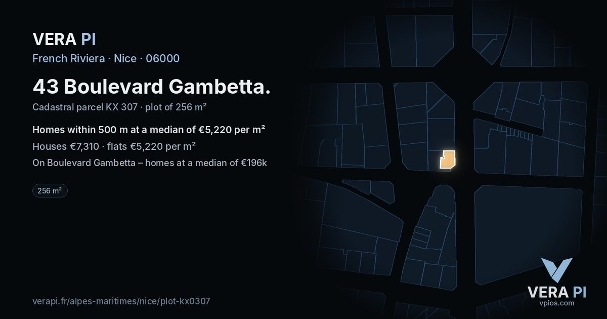 43 Boulevard Gambetta, Nice at night – the plot lit, the parcels around coloured by the prices near them