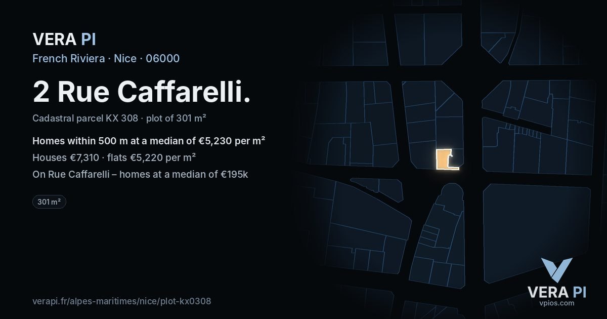 2 Rue Caffarelli, Nice at night – the plot lit, the parcels around coloured by the prices near them