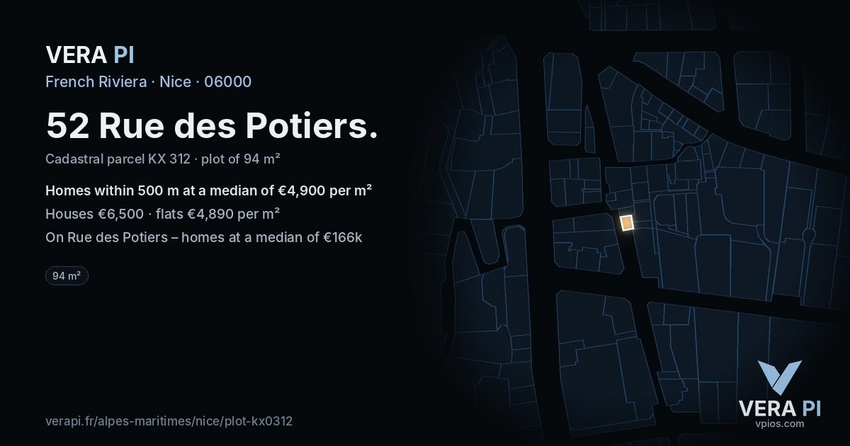 52 Rue des Potiers, Nice at night – the plot lit, the parcels around coloured by the prices near them