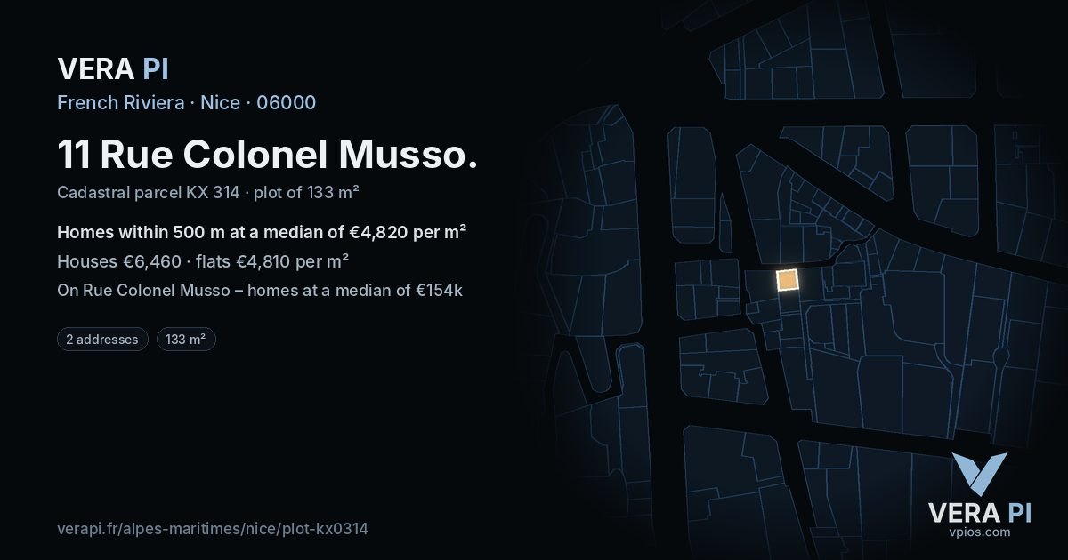 11 Rue Colonel Musso, Nice at night – the plot lit, the parcels around coloured by the prices near them