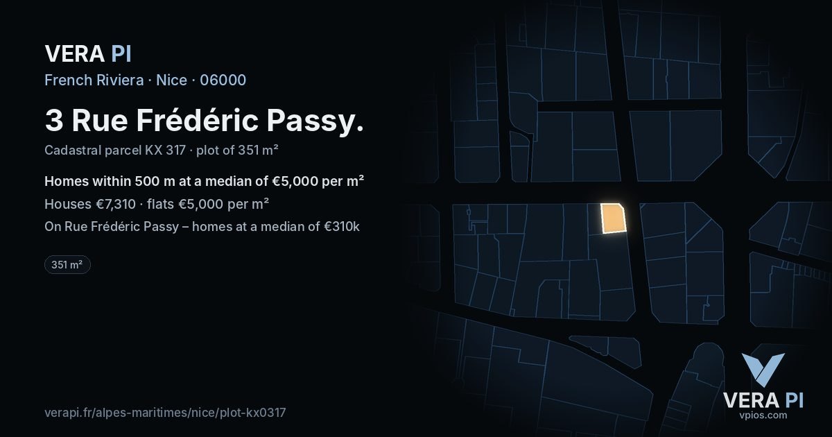 3 Rue Frédéric Passy, Nice at night – the plot lit, the parcels around coloured by the prices near them