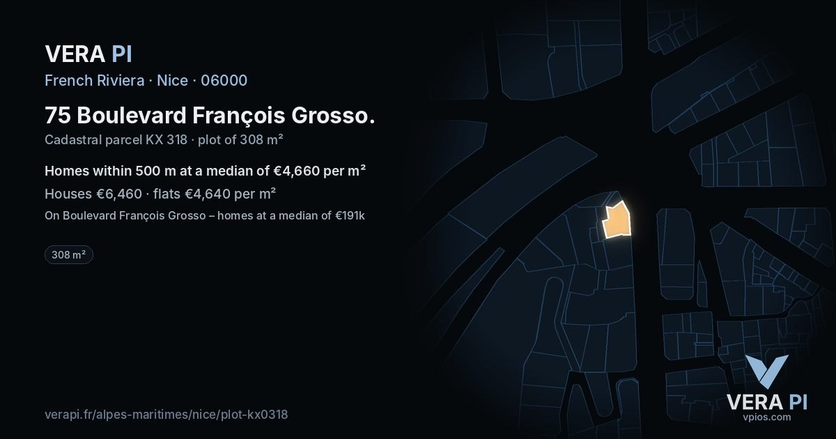 75 Boulevard François Grosso, Nice at night – the plot lit, the parcels around coloured by the prices near them