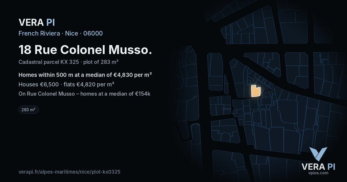 18 Rue Colonel Musso, Nice at night – the plot lit, the parcels around coloured by the prices near them