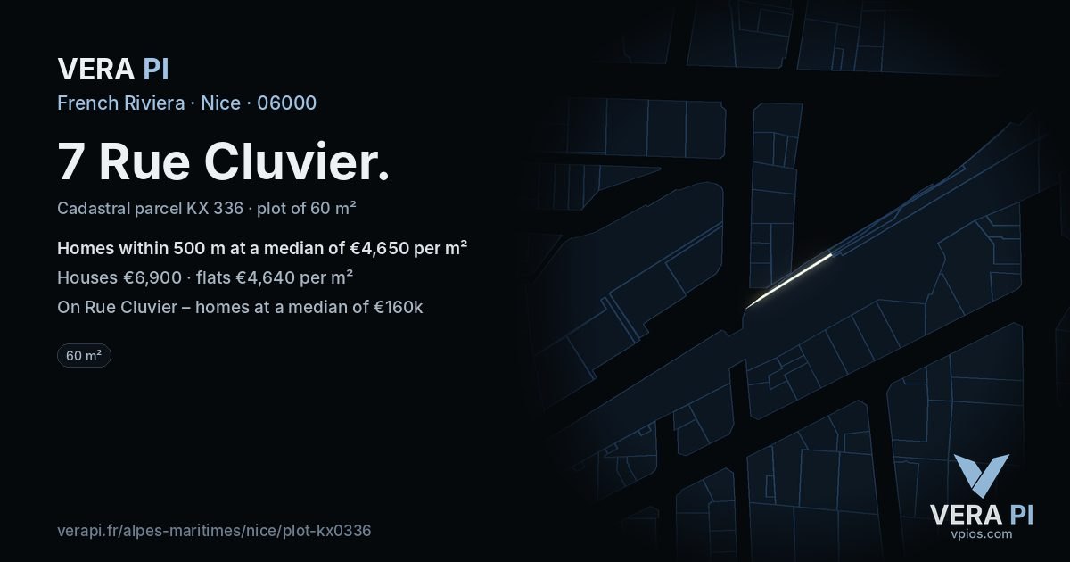 7 Rue Cluvier, Nice at night – the plot lit, the parcels around coloured by the prices near them